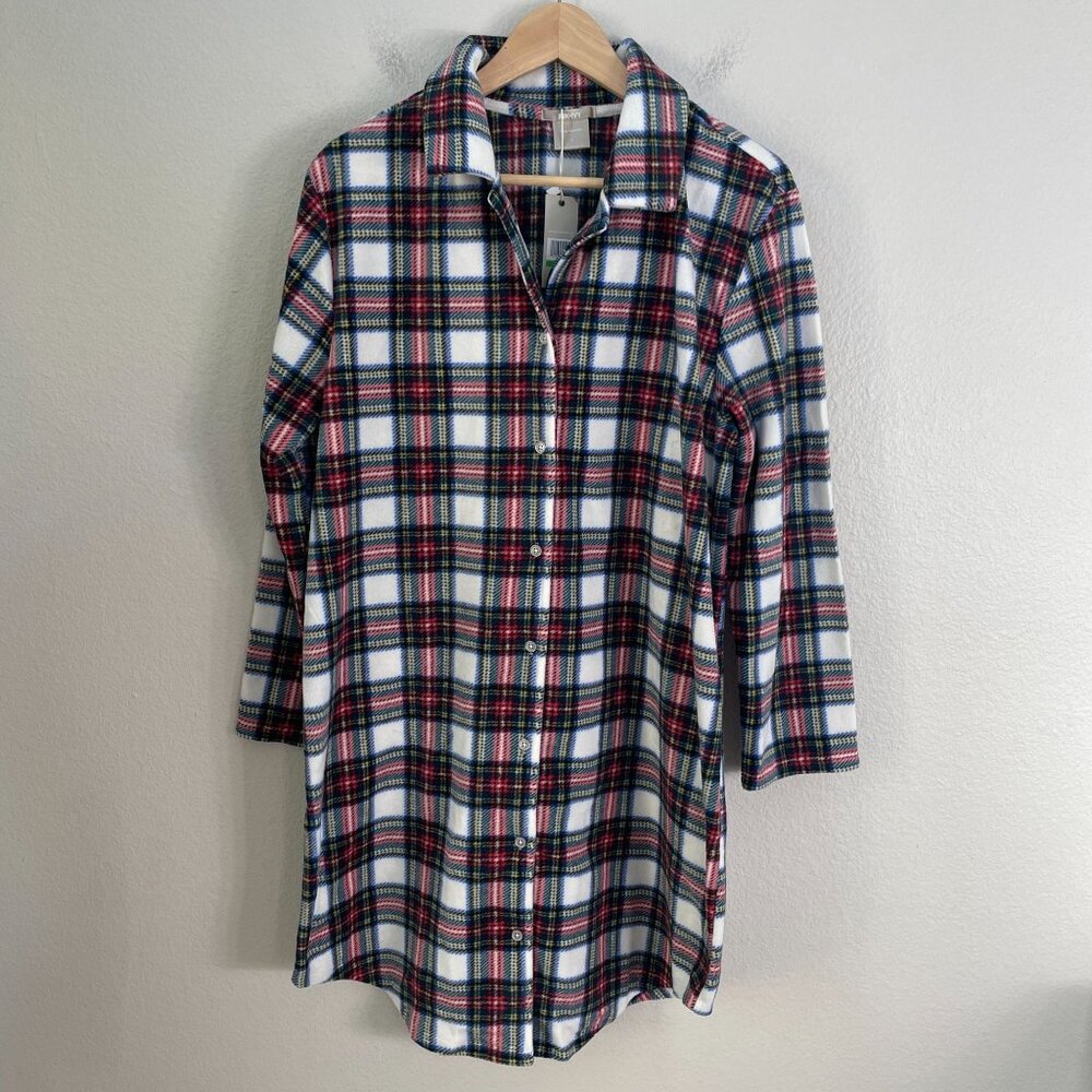 NEW Ink+Ivy Womens Large Tartan Plaid Pajama Shirt Sleep Dress Button‎ Up Lounge